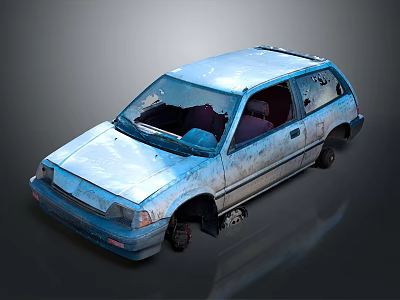 Old Blue Damaged Car With Rusty Body Broken Windows And Worn Exterior 3d model