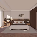 Homestay Guest Room with Cozy Bed Wooden Desk Chair and Framed Artworks in Minimalist Design