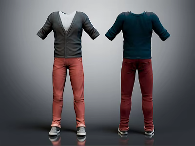 Men's Clothing Front Back View With Gray Cardigan Dark Blue Top Red And Maroon Pants 3d model
