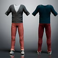 Men's Clothing Front Back View With Gray Cardigan Dark Blue Top Red And Maroon Pants