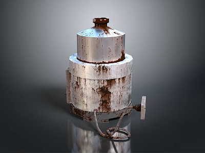 Rusted Metal Cylindrical Industrial Equipment with Top Lid and Connected Wire on Reflective Surface 3d model