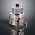 Rusted Metal Cylindrical Industrial Equipment with Top Lid and Connected Wire on Reflective Surface