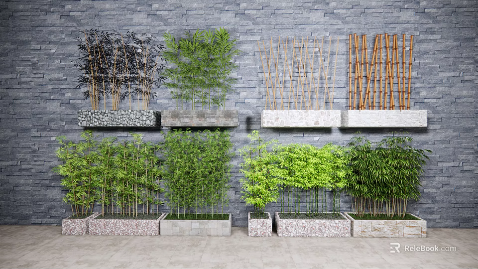 Various Bamboo Plants In Stone Planters Against Brick Wall Background 3d model