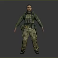 Male Character in Camouflage Uniform and Tactical Vest Standing Against Dark Background with Serious Expression