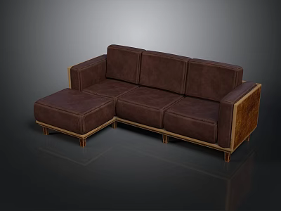 Modern Brown Leather Sectional Sofa With Wooden Frame And Ottoman 3d model