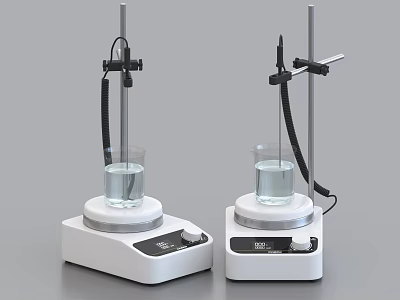 Industrial Magnetic Stirrer Equipment With White Base Glass Beakers And Metal Stands 3d model