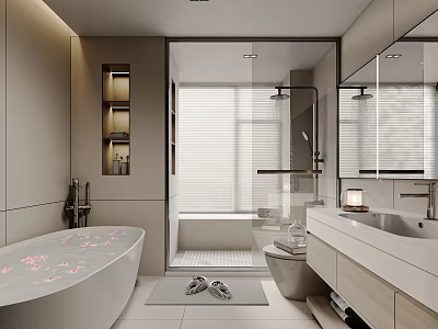 Modern Bathroom Interior Design With Bathtub Petals Shower Vanity Mirror And Cabinets 3d model