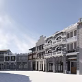 Traditional Commercial Street With Classical Architecture Arched Doors And Stone Pavement