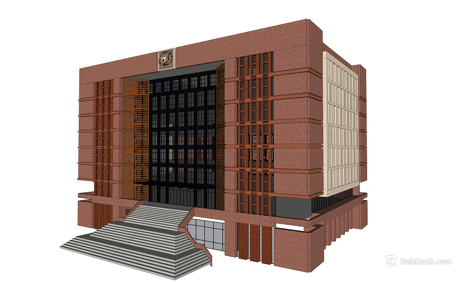 Red Brick Building Exterior With Large Glass Windows Vertical Grilles Stone Steps And Modern Design 3d model 
