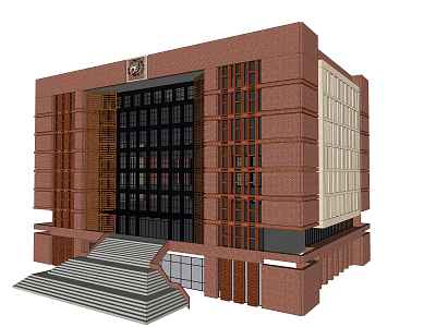 Red Brick Building Exterior With Large Glass Windows Vertical Grilles Stone Steps And Modern Design 3d model