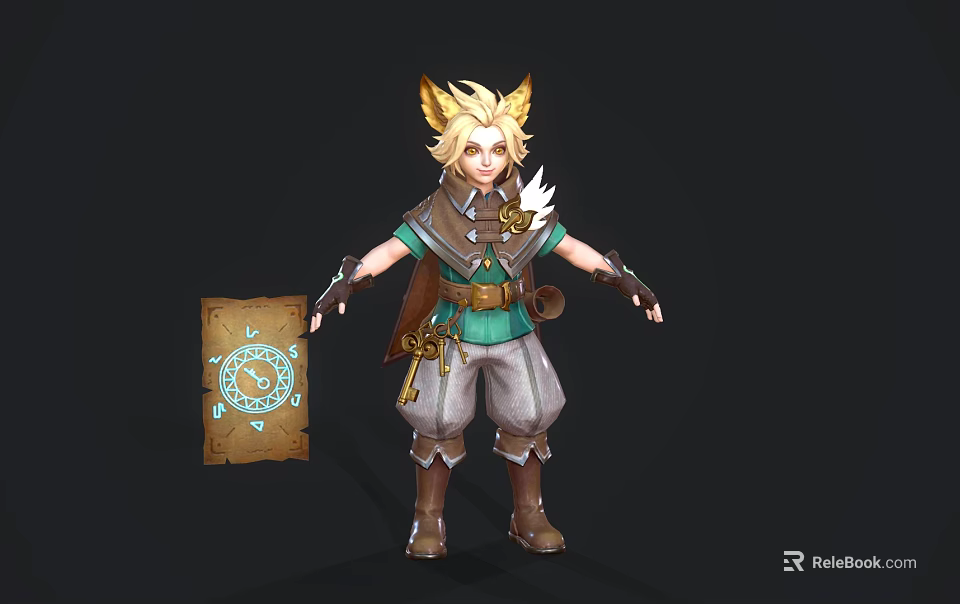 Young Fantasy Character with Golden Horns Holding Blue Patterned Scroll and Carrying Gear 3d model 