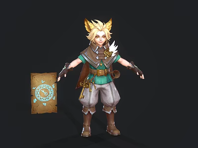 Young Fantasy Character with Golden Horns Holding Blue Patterned Scroll and Carrying Gear 3d model