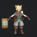 Young Fantasy Character with Golden Horns Holding Blue Patterned Scroll and Carrying Gear