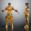 3D Character Model In Yellow Tactical Outfit With Front Side View And Armored Gear Details