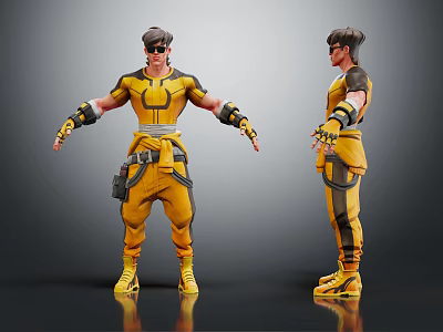 3D Character Model In Yellow Tactical Outfit With Front Side View And Armored Gear Details 3d model
