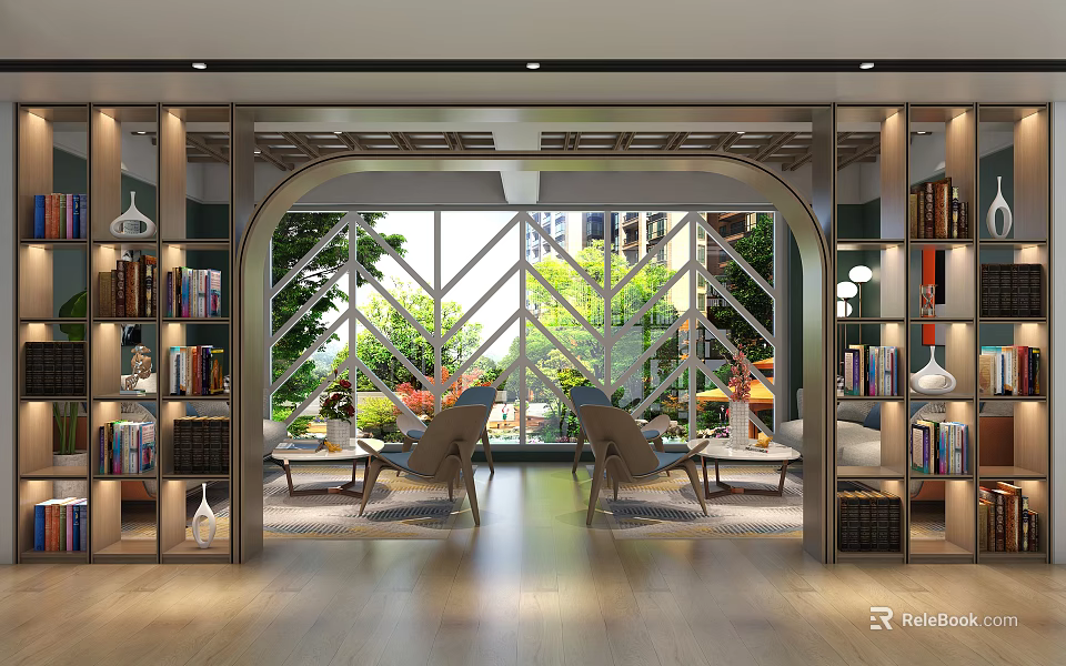 Creative Book Art Design Interior With Shelves Artworks Seats And Natural Light 3d model 