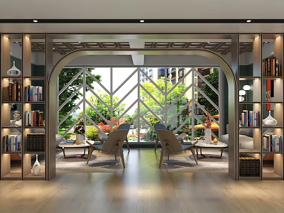 Creative Book Art Design Interior With Shelves Artworks Seats And Natural Light 3d model