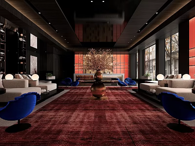 Modern Front Desk Reception Area With Luxury Sofa Red Carpet And Decorative Plants 3d model