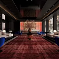 Modern Front Desk Reception Area With Luxury Sofa Red Carpet And Decorative Plants