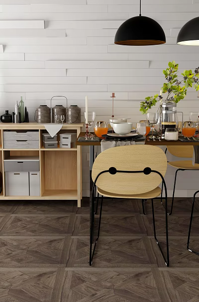 Modern Dining Table And Chairs With Black Pendant Lights Decorative Items In White Wall Interior 3d model