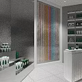 Modern Specialty Store Interior With Colorful Striped Wall Products On Shelves And White Counter