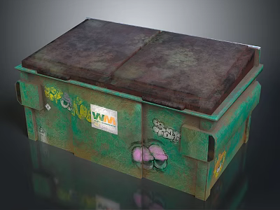 Green Trash Bin With Double Lids And Graffiti Covered Surface WUN Logo 3d model
