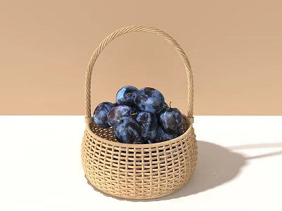 Stylish Wicker Basket Filled With Purple Plums On White Countertop Light Brown Background 3d model