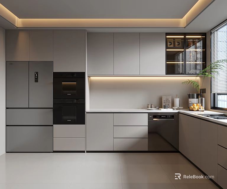 Modern Kitchen Interior With Gray Cabinets Black Refrigerator Oven And White Countertops 3d model 