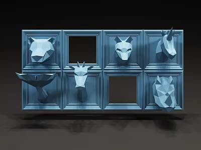 Geometric Blue Animal Wall Decor With Head Sculptures And Empty Square Compartments 3d model