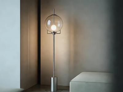 Modern Floor Lamp With Transparent Spherical Shade And Metal Base In Grey Wall Interior 3d model