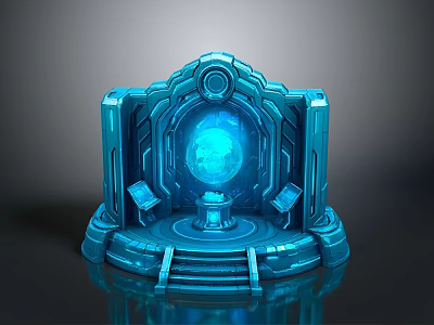 Futuristic Blue Pedestal Structure With Glowing Sphere And Console Panels 3d model