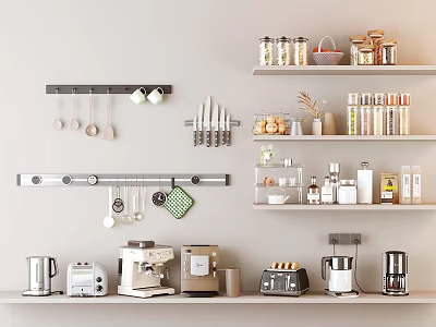 Organized Kitchen Shelves With Various Spice Bottles And Cooking Utensils 3d model