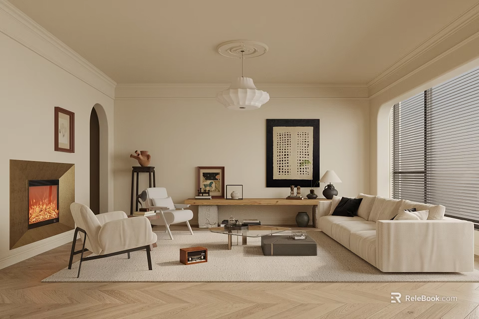 Beige Modern Living Room Interior With Fireplace Arched Doorway Chandelier Sofa Rug And Wooden Flooring 3d model 