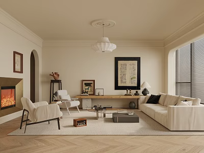 Beige Modern Living Room Interior With Fireplace Arched Doorway Chandelier Sofa Rug And Wooden Flooring 3d model