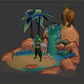 Beach Living Essentials 3D Model Scene With Palm Trees Rocks And Waterfall