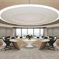 Modern Conference Room Interior With Round Table Laptops And Large Screen Lighting Design 3d model