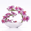Beautiful Purple Orchid Flowers In White Ceramic Vase With Curved Branches Design