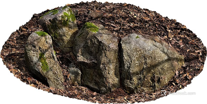 Natural Stone And Wood Landscape With Moss Covered Rocks And Wood Chips 3d model 