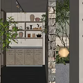 Modern Restaurant Interior With Natural Plants Stone Wall And Wooden Shelves
