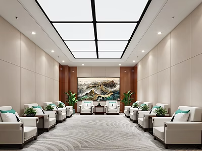 Modern Elegant Conference Room Interior With Arranged Seats Decorative Painting Green Plants And Carpet 3d model