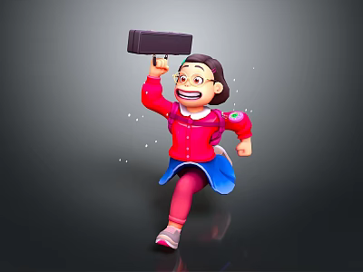 Smiling Game Movie Character Running In Red Sweater Blue Skirt Holding Black Box With Sparkles 3d model