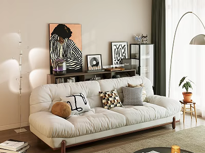 Modern Beige Two Seater Sofa With Decorative Pillows Floor Lamp Green Plant And Wall Art 3d model