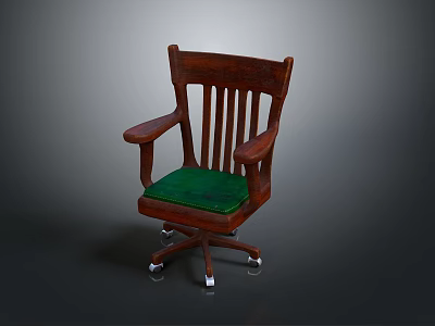 Classic Wooden Chair With Armrests Green Padded Seat And Wheels 3d model
