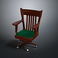 Classic Wooden Chair With Armrests Green Padded Seat And Wheels