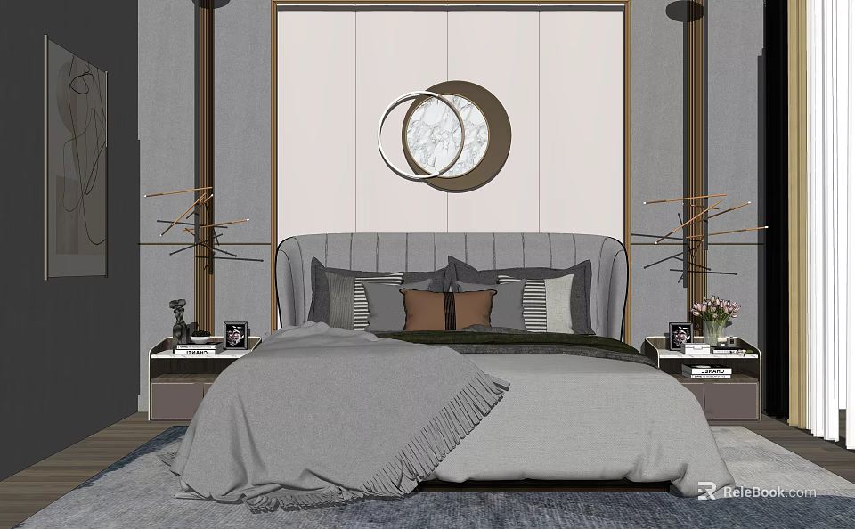 Modern Bedroom Interior Design With Double Bed Background Gray Headboard And Decorative Pillows 3d model