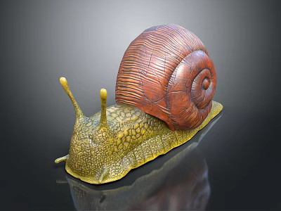 Detailed Brown Spiral Shell Snail Sculpture with Yellow Textured Body and Reflection 3d model