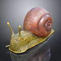 Detailed Brown Spiral Shell Snail Sculpture with Yellow Textured Body and Reflection