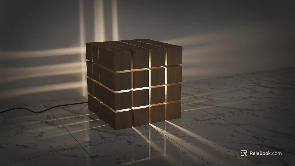 Wooden Stacked Cube Lamp With Light Through Gaps Illuminating Marble Floor And Shadow Effects 3d model 