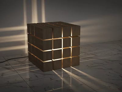 Wooden Stacked Cube Lamp With Light Through Gaps Illuminating Marble Floor And Shadow Effects 3d model