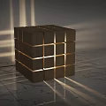 Wooden Stacked Cube Lamp With Light Through Gaps Illuminating Marble Floor And Shadow Effects
